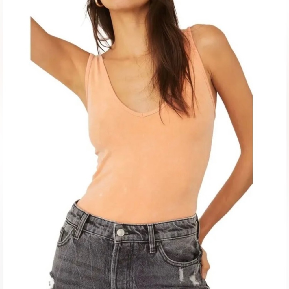 FREE PEOPLE SEAMLESS BODYSUIT TANK TOP ACID WASHED ORANGE M/L